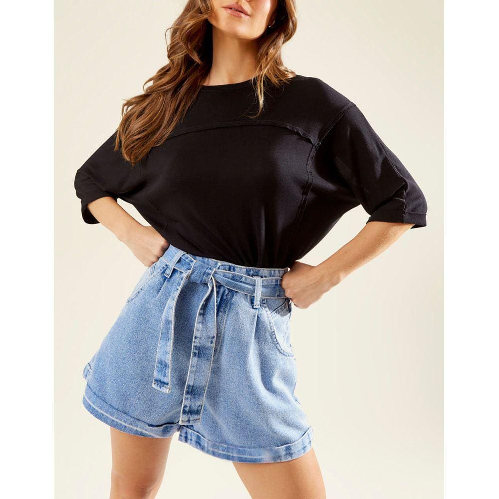 Bermuda Zinzane Feminino Ampla Com Faixa - Denim Medio