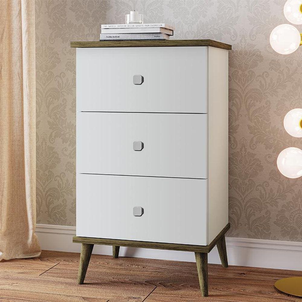 Mesa de Cabeceira Ravi com 3 Gavetas e Pés de Madeira Amendoa