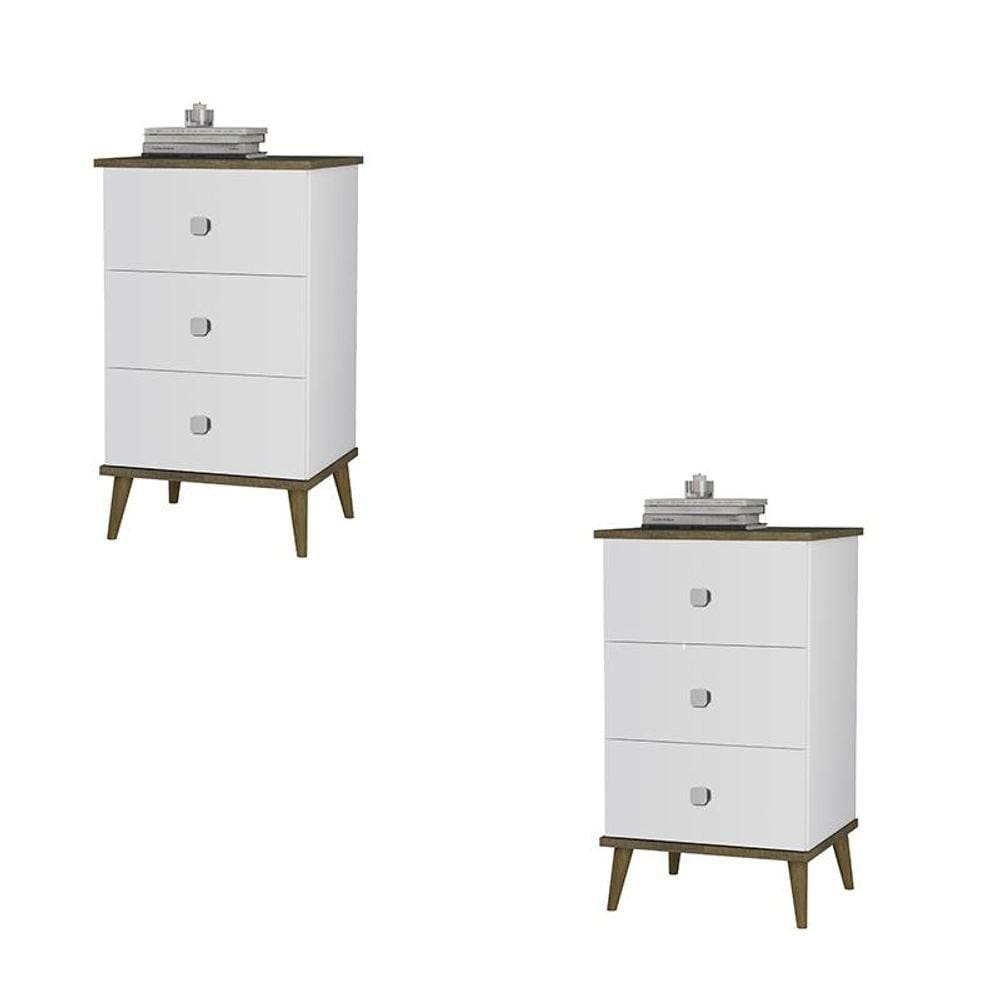 Conjunto 2 Mesa de Cabeceira Ravi 3 Gavetas Pés de Madeira