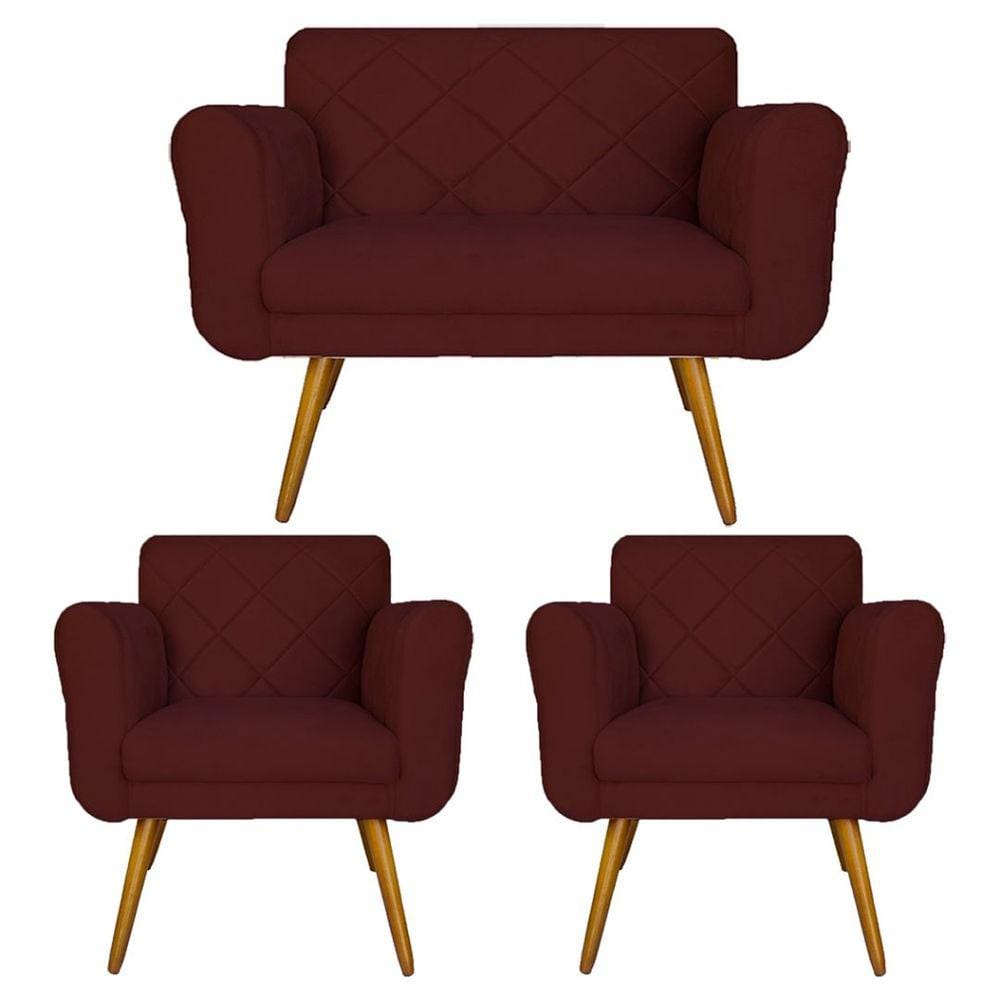 Jogo Namoradeira e 2 Poltrona Decorativa Para Recepção Isabella Suede Vermelho Bordô - LM DECOR