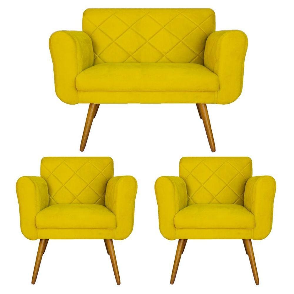 Combo Namoradeira e 2 Poltrona Decorativa Para Escritório Isabella Suede Amarelo - LM DECOR