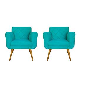 Conjunto 02 Poltronas Estofadas Para Sala de Estar Isabella Suede Azul Turquesa - LM DECOR