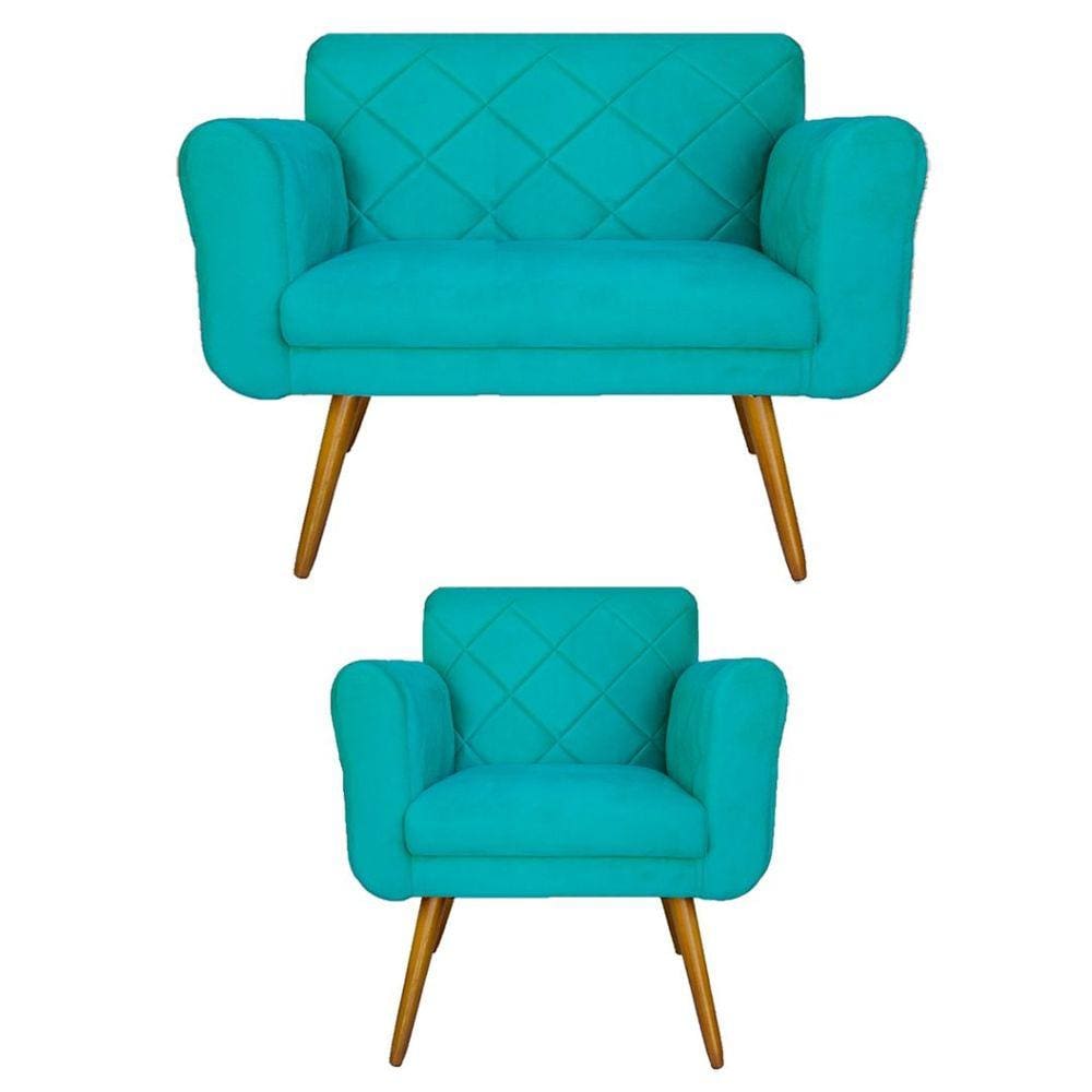 Combo Namoradeira e 1 Poltrona Estofada Hall de Entrada Isabella Suede Azul Turquesa - LM DECOR