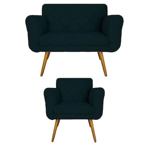 Combo Namoradeira e 1 Poltrona Estofada Hall de Entrada Isabella Suede Azul Marinho - LM DECOR