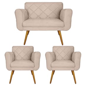 Jogo Namoradeira e 2 Poltrona Decorativa Para Recepção Isabella Corano Bege - LM DECOR