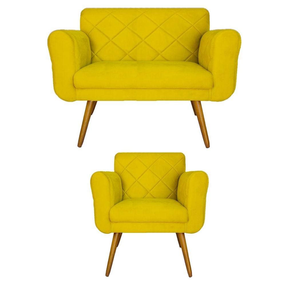 Combo Namoradeira e 1 Poltrona Estofada Hall de Entrada Isabella Suede Amarelo - LM DECOR
