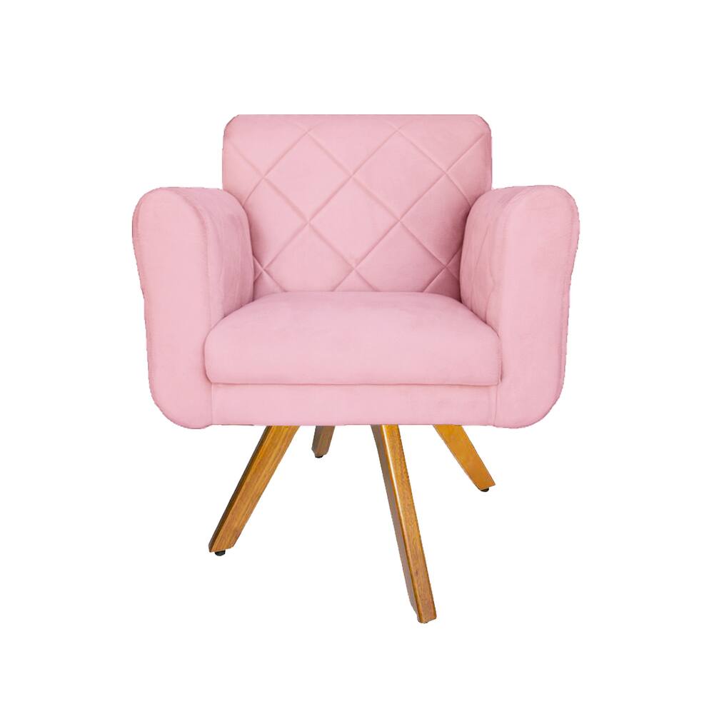 Poltrona Estofada Com Base Giratória De Madeira Salão Isabella Corano Rosa Bebe - LM DECOR
