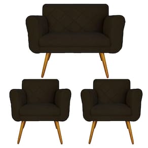 Jogo Namoradeira e 2 Poltrona Decorativa Para Recepção Isabella Suede Marrom - LM DECOR