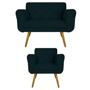 Kit Namoradeira e 1 Poltrona Estofada Para Sala de Tv Isabella Suede Azul Marinho - LM DECOR
