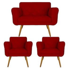 Jogo Namoradeira e 2 Poltrona Decorativa Para Recepção Isabella Suede Vermelho - LM DECOR