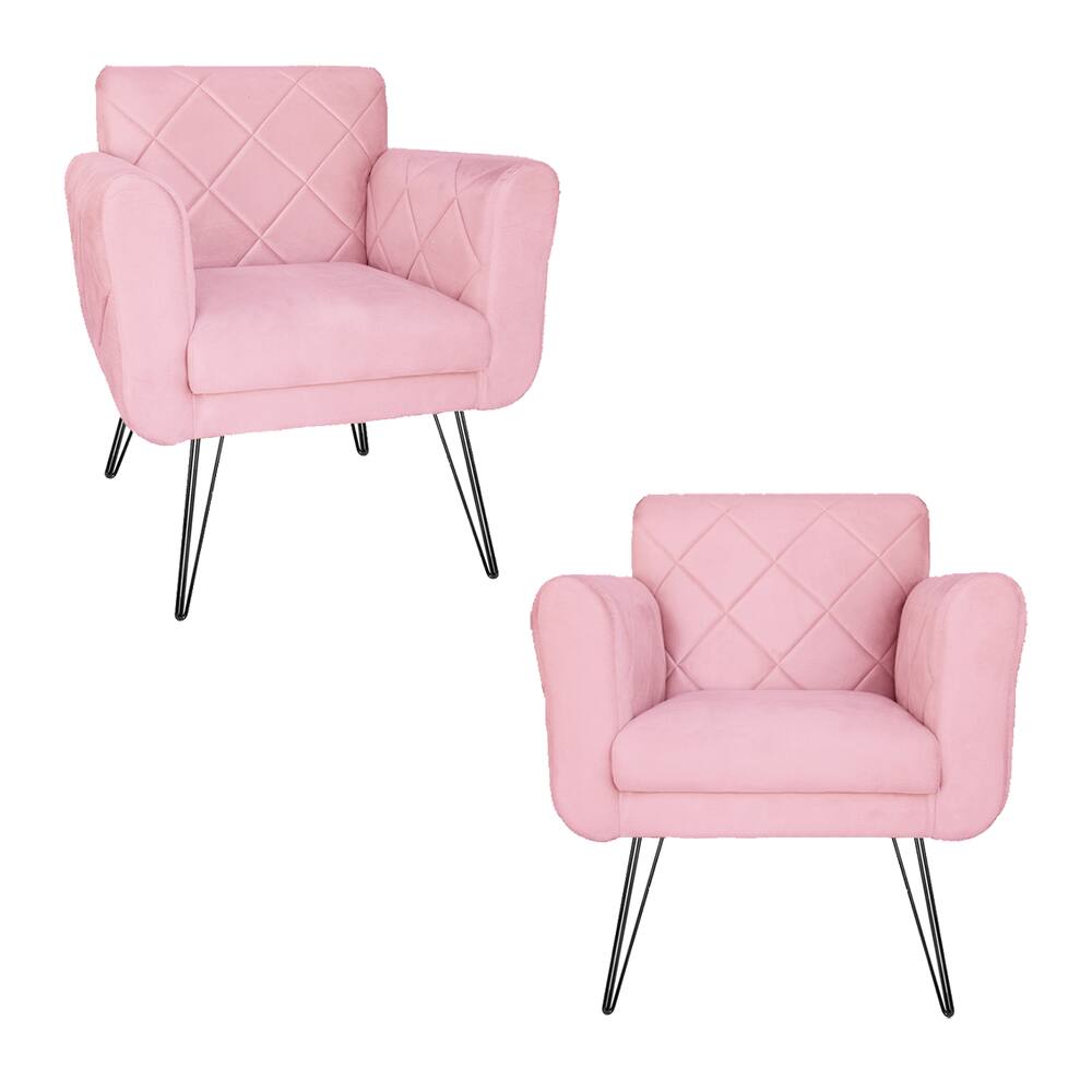 Conjunto 2 Poltronas Estofadas Para Consultório Pés de Ferro Isabella Corano Rosa Bebe - LM DECOR