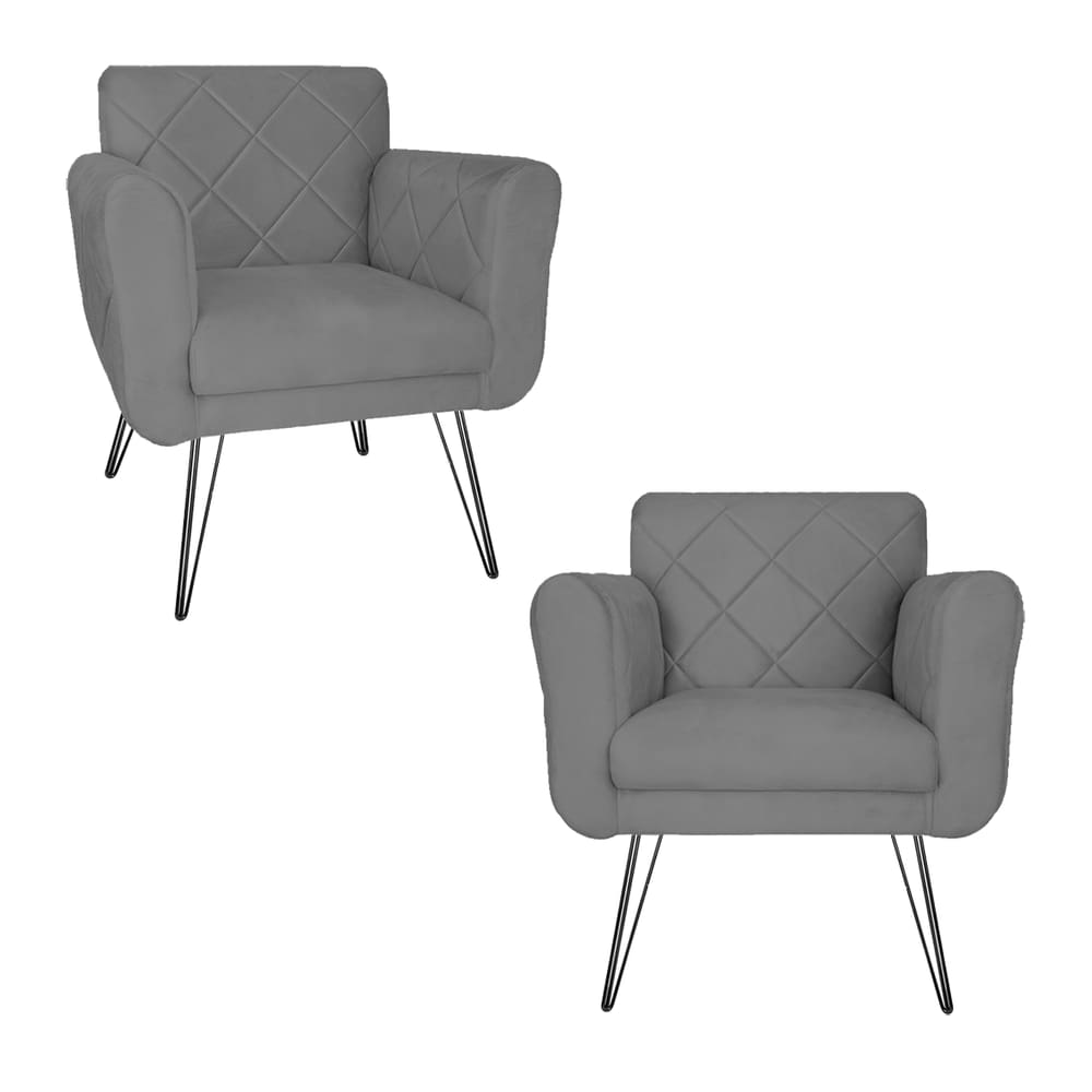 Jogo 2 Poltronas Decorativas Para Escritório Pés de Ferro Isabella Suede Cinza - LM DECOR