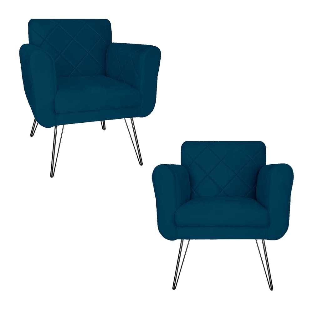 Jogo 2 Poltronas Decorativas Para Escritório Pés de Ferro Isabella Suede Azul Marinho - LM DECOR