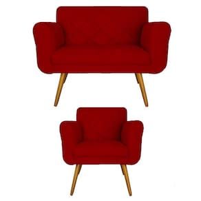 Kit Namoradeira e 1 Poltrona Estofada Para Sala de Tv Isabella Corano Vermelho - LM DECOR