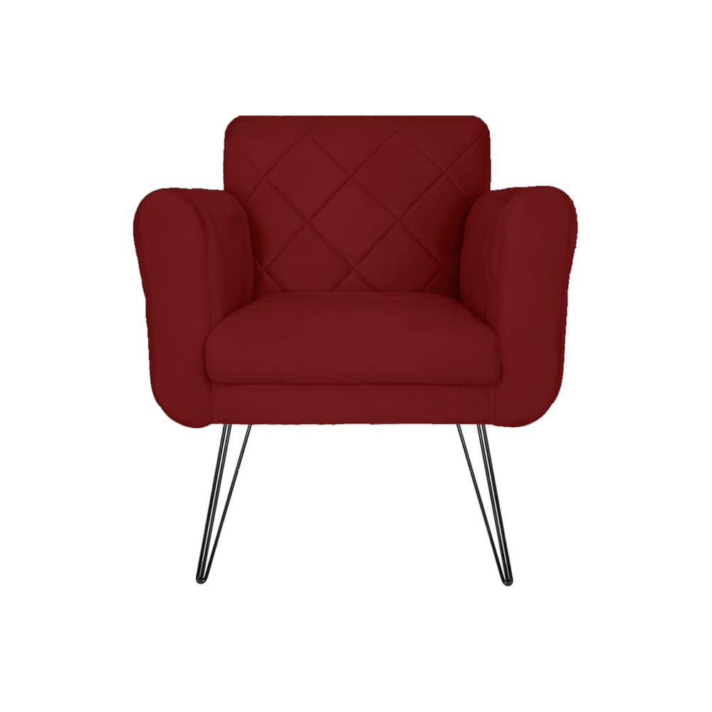 Poltrona Estofada Para Hall de Entrada Com Pés de Ferro Isabella Suede Vermelho Bordo - LM DECOR