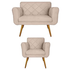 Jogo Namoradeira e 1 Poltrona Estofada Salão de Beleza Isabella Suede Bege - LM DECOR