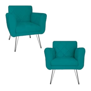 Kit 2 Poltronas Decorativas Para Quarto Closet Pés de Ferro Isabella Suede Azul Turquesa - LM DECOR