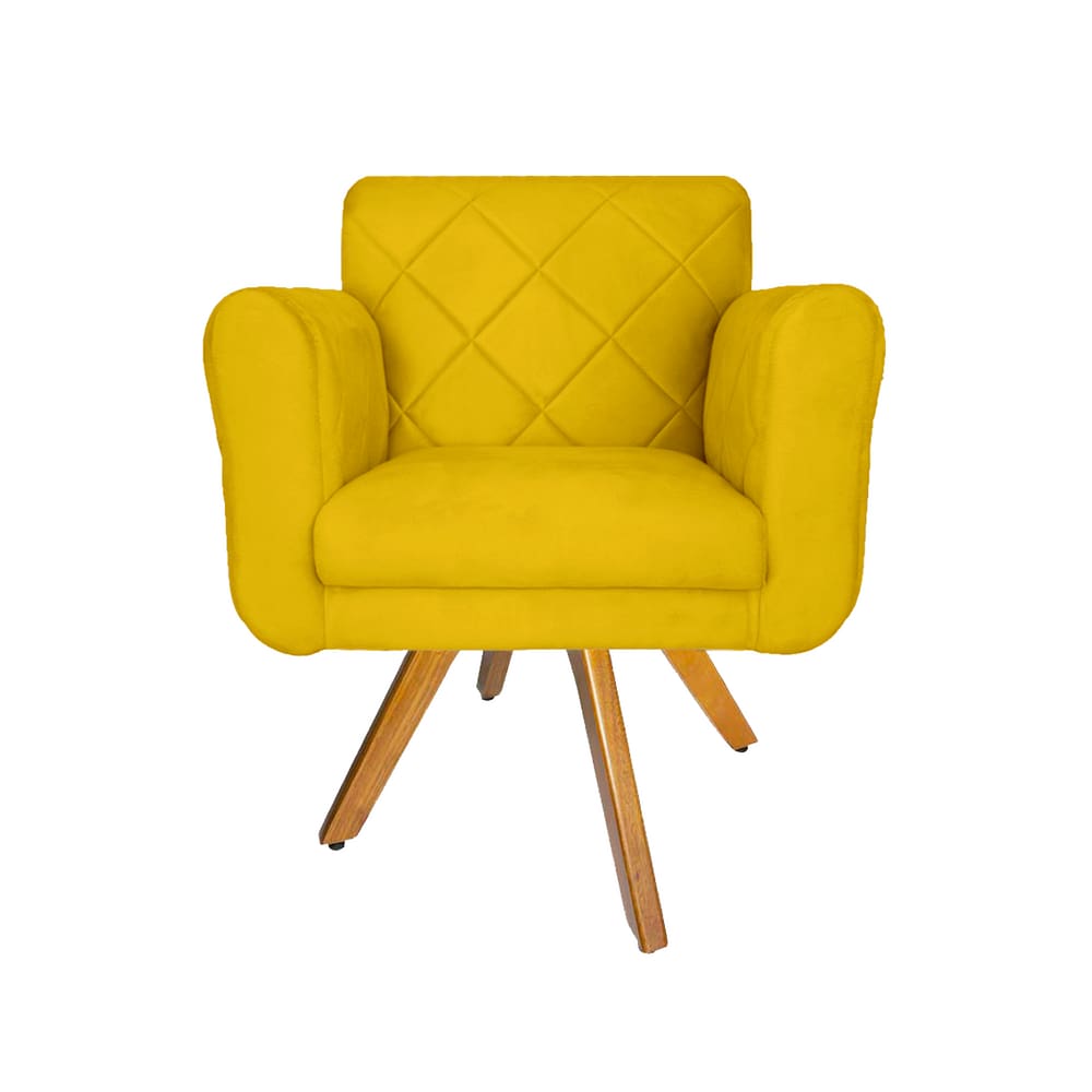 Poltrona Estofada Com Base Giratória De Madeira Salão Isabella Corano Amarelo - LM DECOR