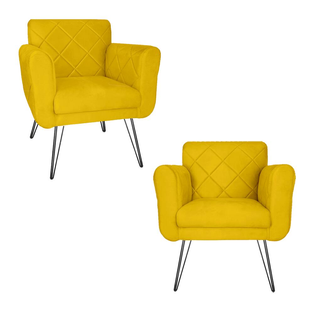 Combo 2 Poltronas Estofadas Sala Comercial Pés de Ferro Isabella Corano Amarelo - LM DECOR