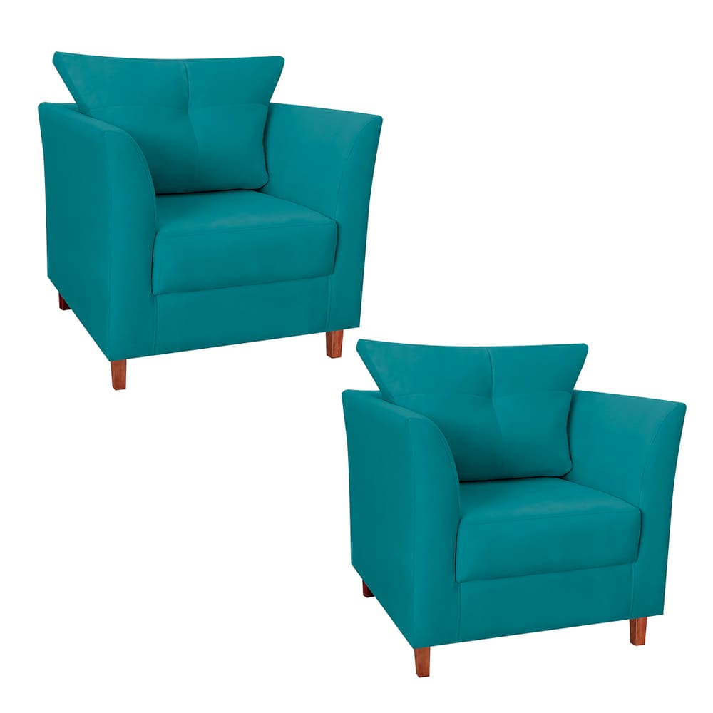 Jogo 02 Poltrona Estofada Com Almofada Isis Recepção Consultório Suede Azul Turquesa - LM DECOR