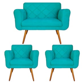 Jogo Namoradeira e 2 Poltrona Decorativa Para Recepção Isabella Suede Azul Turquesa - LM DECOR