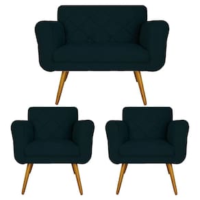 Jogo Namoradeira e 2 Poltrona Decorativa Para Recepção Isabella Suede Azul Marinho - LM DECOR