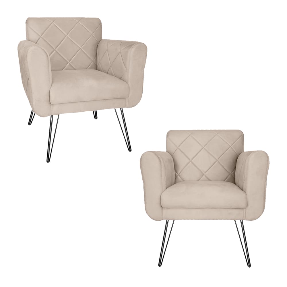 Combo 2 Poltronas Estofadas Sala Comercial Pés de Ferro Isabella Suede Bege - LM DECOR