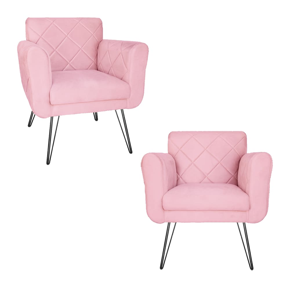 Kit 2 Poltronas Decorativas Para Quarto Closet Pés de Ferro Isabella Corano Rosa Bebe - LM DECOR