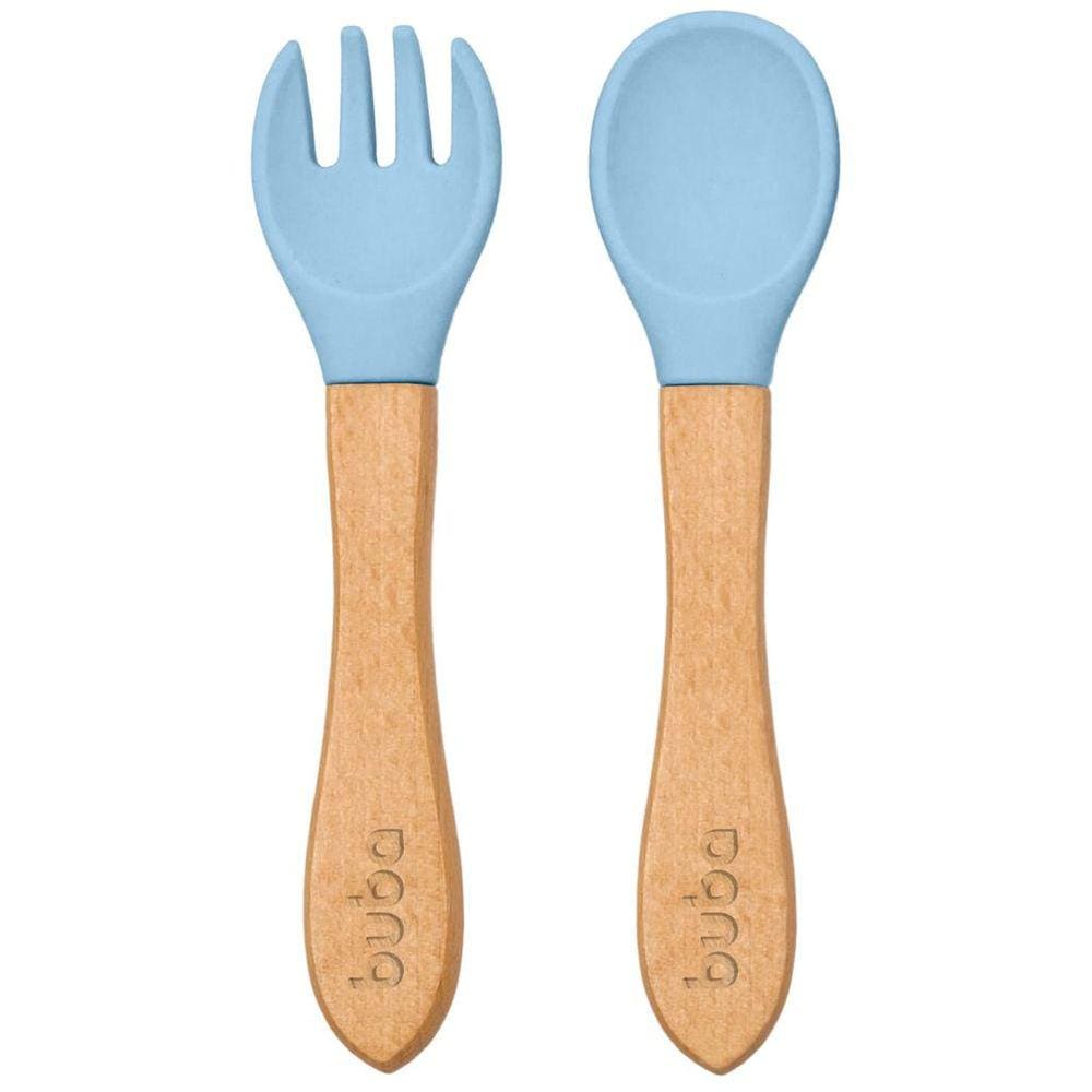 Conjunto De Talheres Silicone E Bambu - Buba - Colher E Garfo - Azul