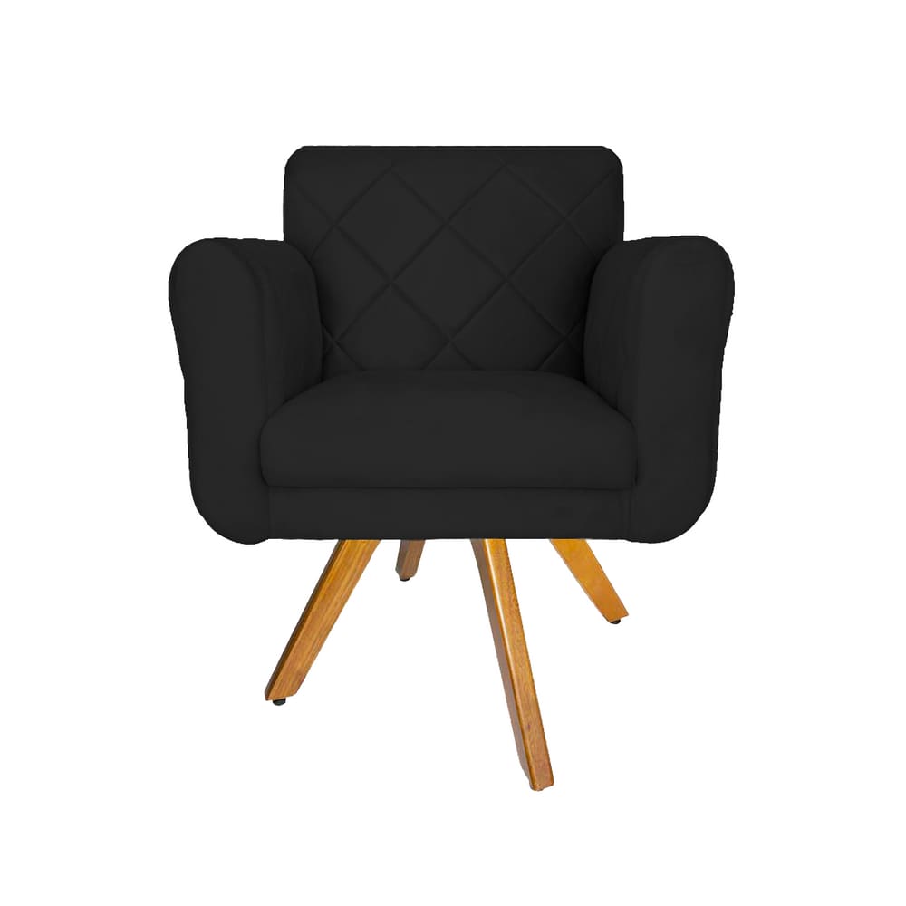 Poltrona Estofada Com Base Giratória De Madeira Salão Isabella Suede Preto - LM DECOR