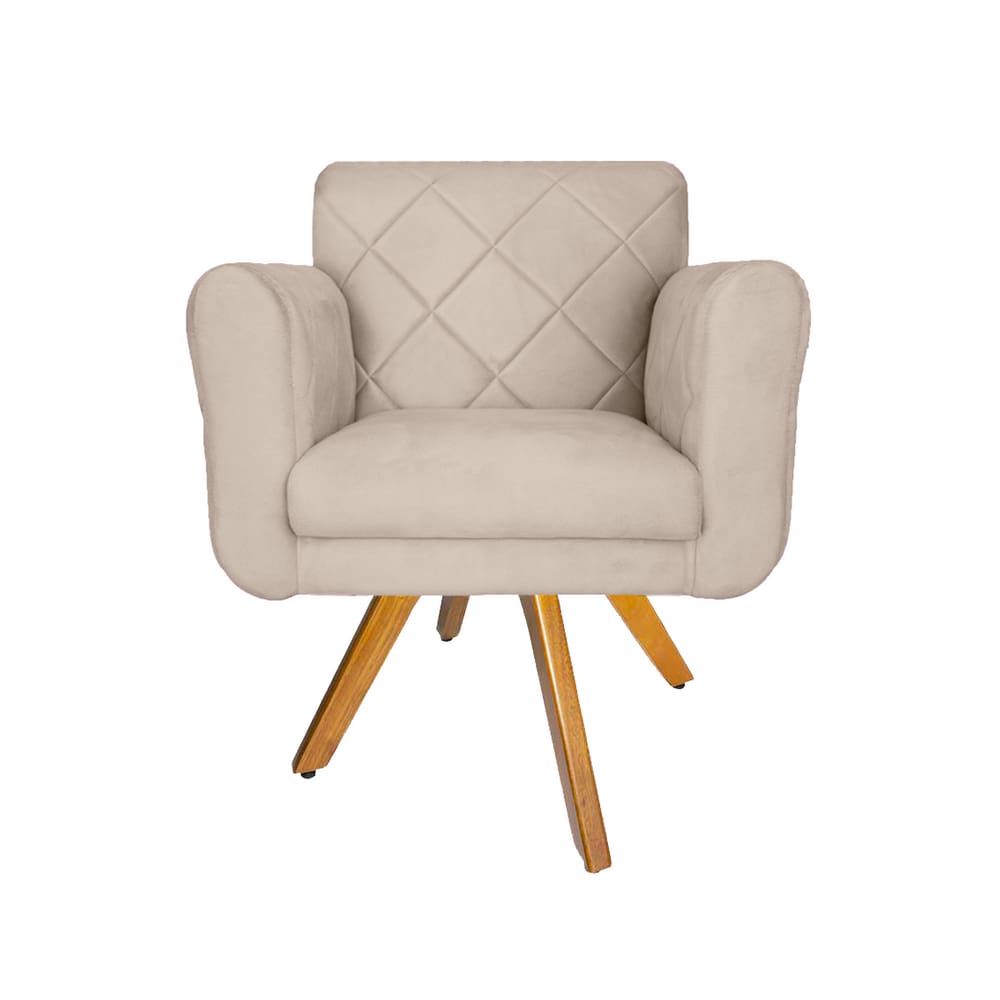 Poltrona Estofada Com Base Giratória De Madeira Salão Isabella Suede Bege - LM DECOR