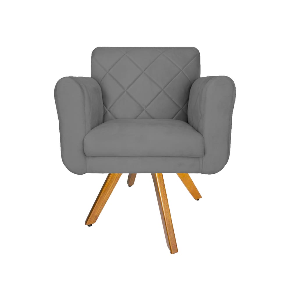 Poltrona Estofada Com Base Giratória De Madeira Salão Isabella Suede Cinza - LM DECOR
