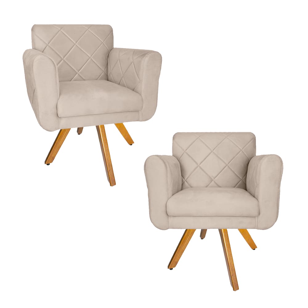 Conjunto 2 Poltrona Decorativa Com Base Giratória De Madeira Isabella Suede Bege - LM DECOR