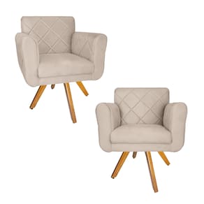 Jogo 2 Poltrona Decorativa Base Giratória De Madeira Salão Isabella Suede Bege - LM DECOR