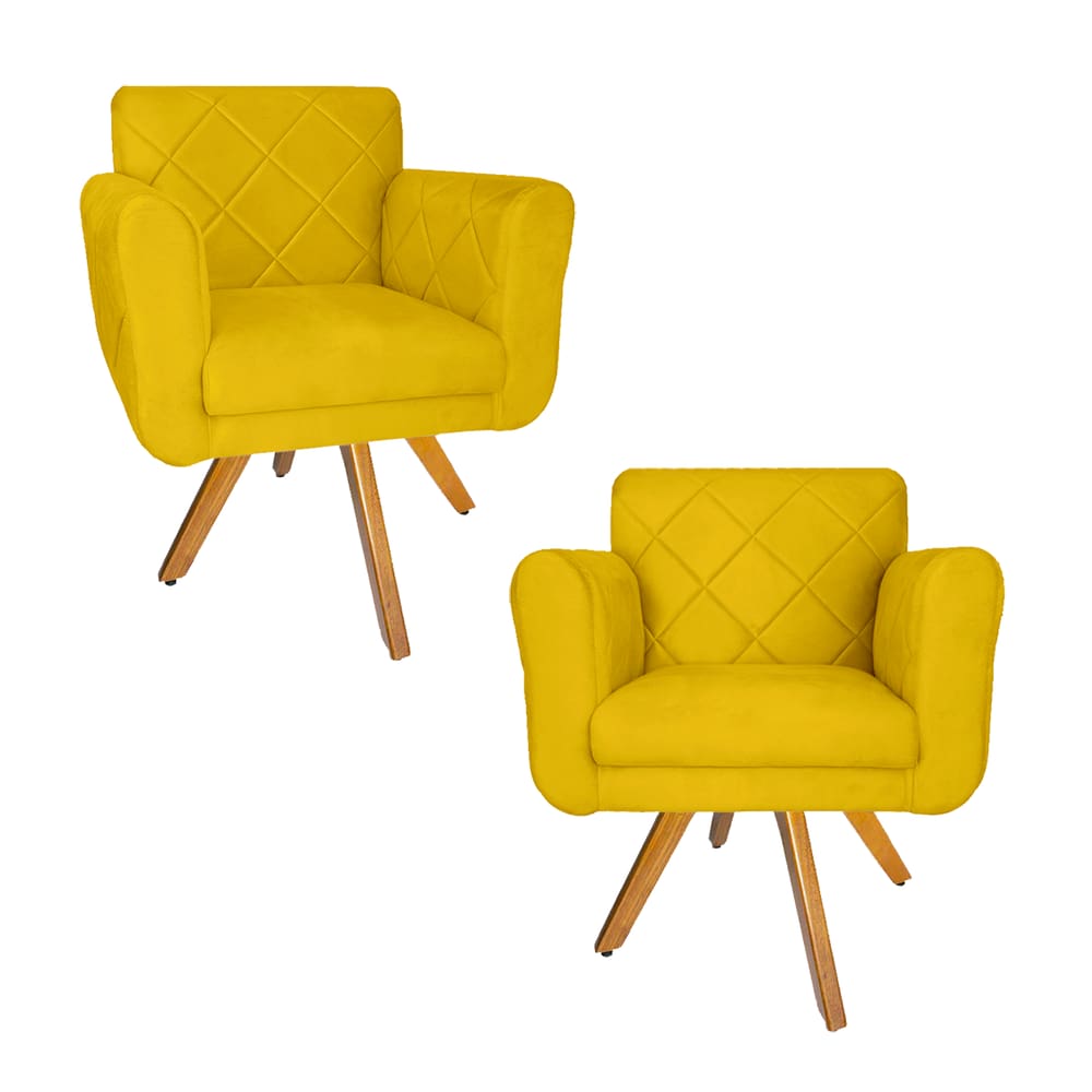 Kit 2 Poltrona Estofada Base Giratória De Madeira Sala Isabella Suede Amarelo - LM DECOR