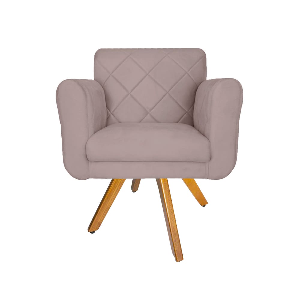 Poltrona Estofada Com Base Giratória De Madeira Salão Isabella Suede Rosê - LM DECOR