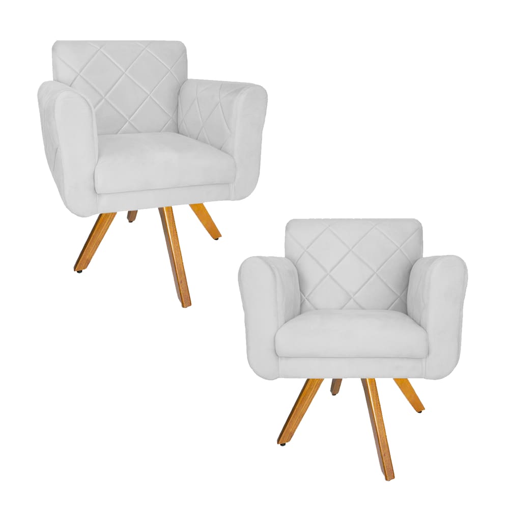 Kit 2 Poltrona Estofada Base Giratória De Madeira Sala Isabella Suede Branco - LM DECOR