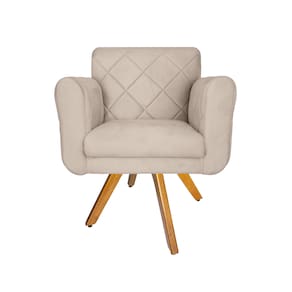 Poltrona Estofada Com Base Giratória De Madeira Sala Isabella Suede Bege - LM DECOR
