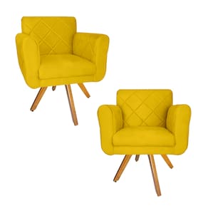 Jogo 2 Poltrona Decorativa Base Giratória De Madeira Salão Isabella Suede Amarelo - LM DECOR