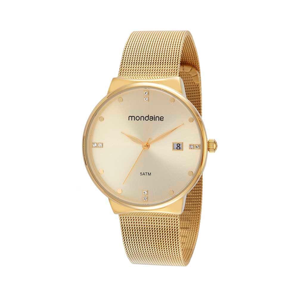 Relogio Mondaine Feminino dourado grande pulseira esteira 32349LPMVDE1