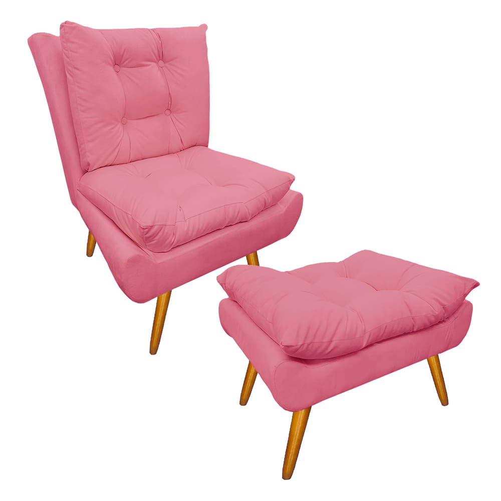 Jogo 1 Poltrona e 1 Puff Para Sala Comercial Karen Suede Rosa Barbie - LM DECOR