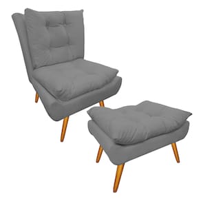 Jogo 1 Poltrona e 1 Puff Para Sala Comercial Karen Suede Cinza - LM DECOR