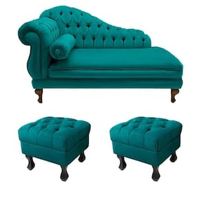 Recamier Divã Namoradeira Larissa 150cm + 2 Puffs Retrô Suede Azul Turquesa - LM DECOR