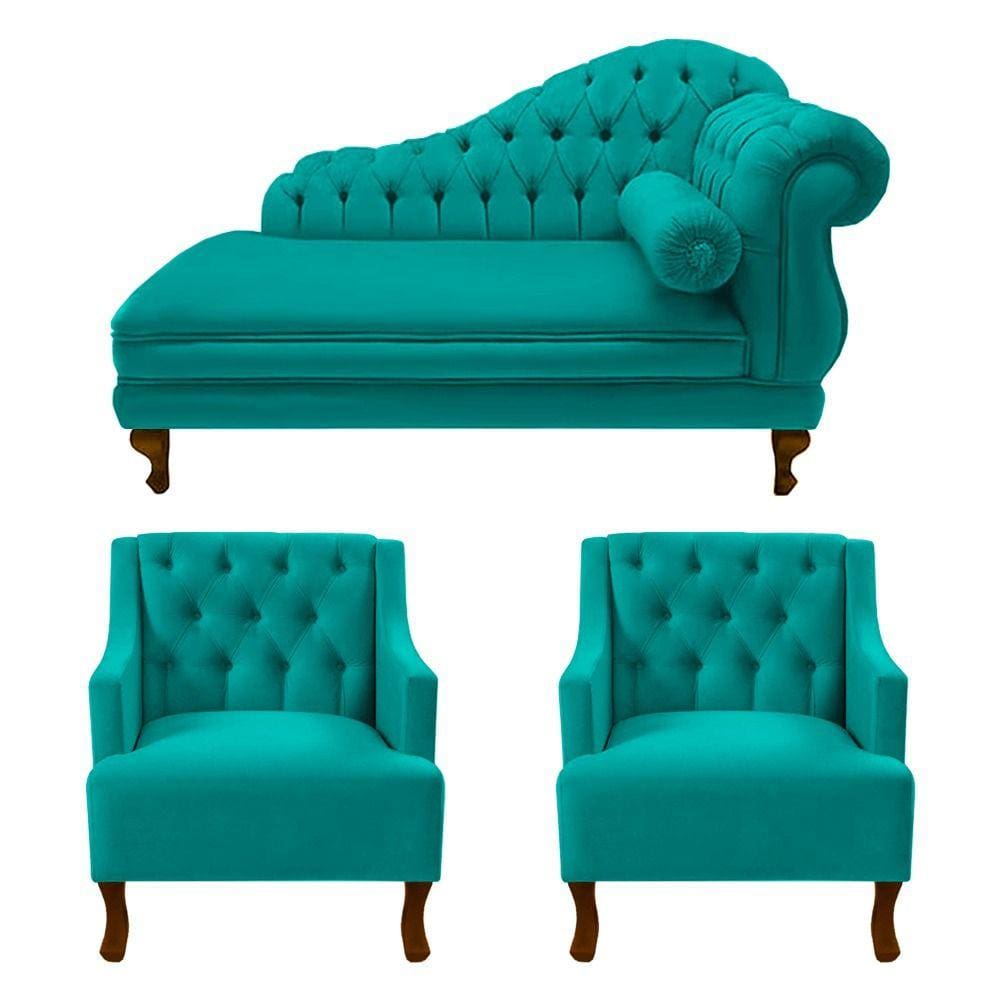 Divã Larissa 160 cm Esquerdo de quem senta e 2 Poltronas Genesis Suede Azul Turquesa - LM DECOR