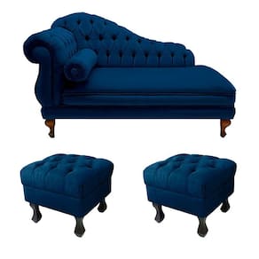 Divã Recamier Namoradeira Larissa 150cm + 2 Puffs Retrô Suede Azul Marinho  - LM DECOR