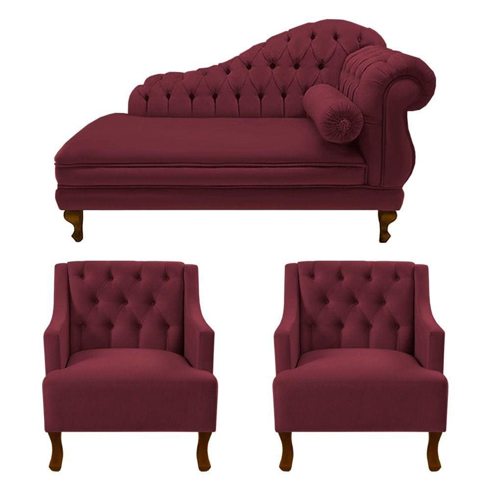 Divã Larissa 150 cm Esquerdo de quem senta e 2 Poltronas Genesis Suede Vermelho Bordo - LM DECOR