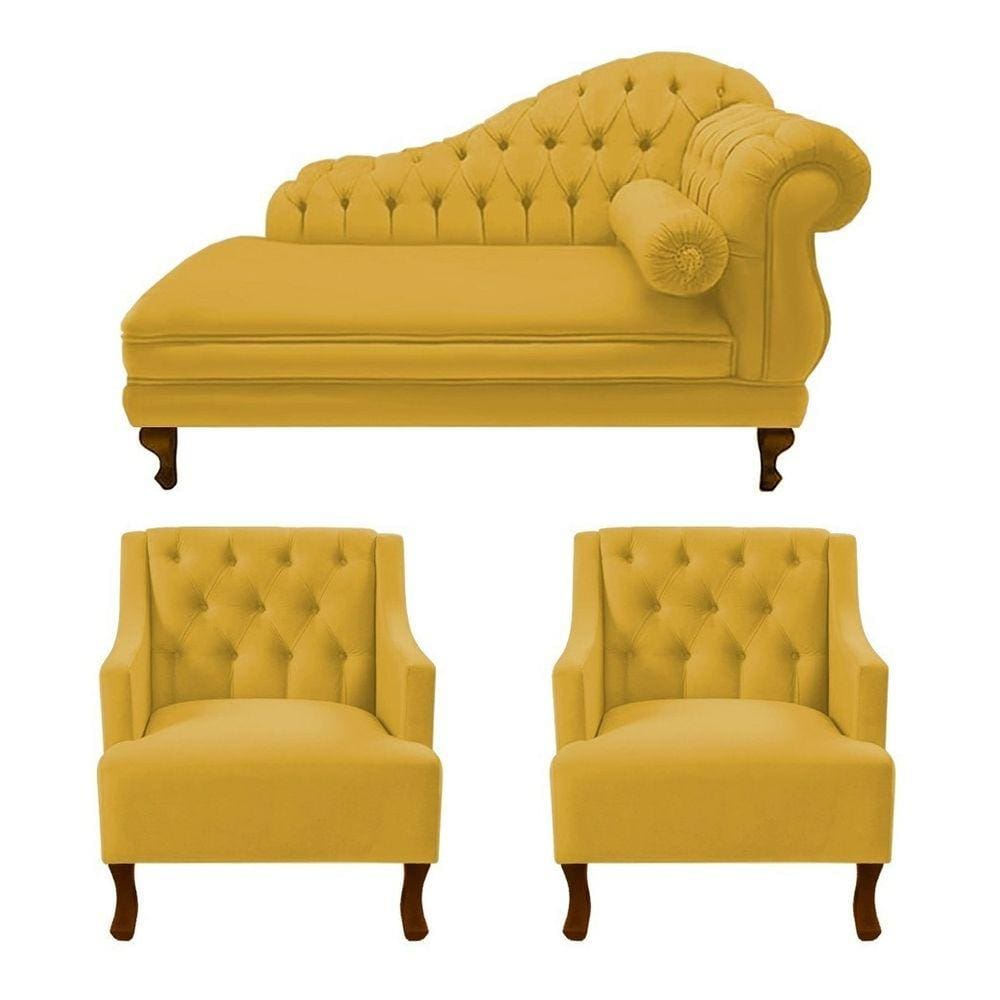 Divã Larissa 160 cm Esquerdo de quem senta e 2 Poltronas Genesis Suede Amarelo - LM DECOR