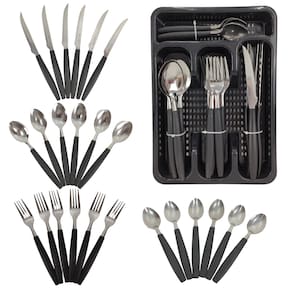Faqueiro Talheres 25 Peças Aço Inox Porta Talher Organizador Faca Colher Garfo Colher de Chá Preto