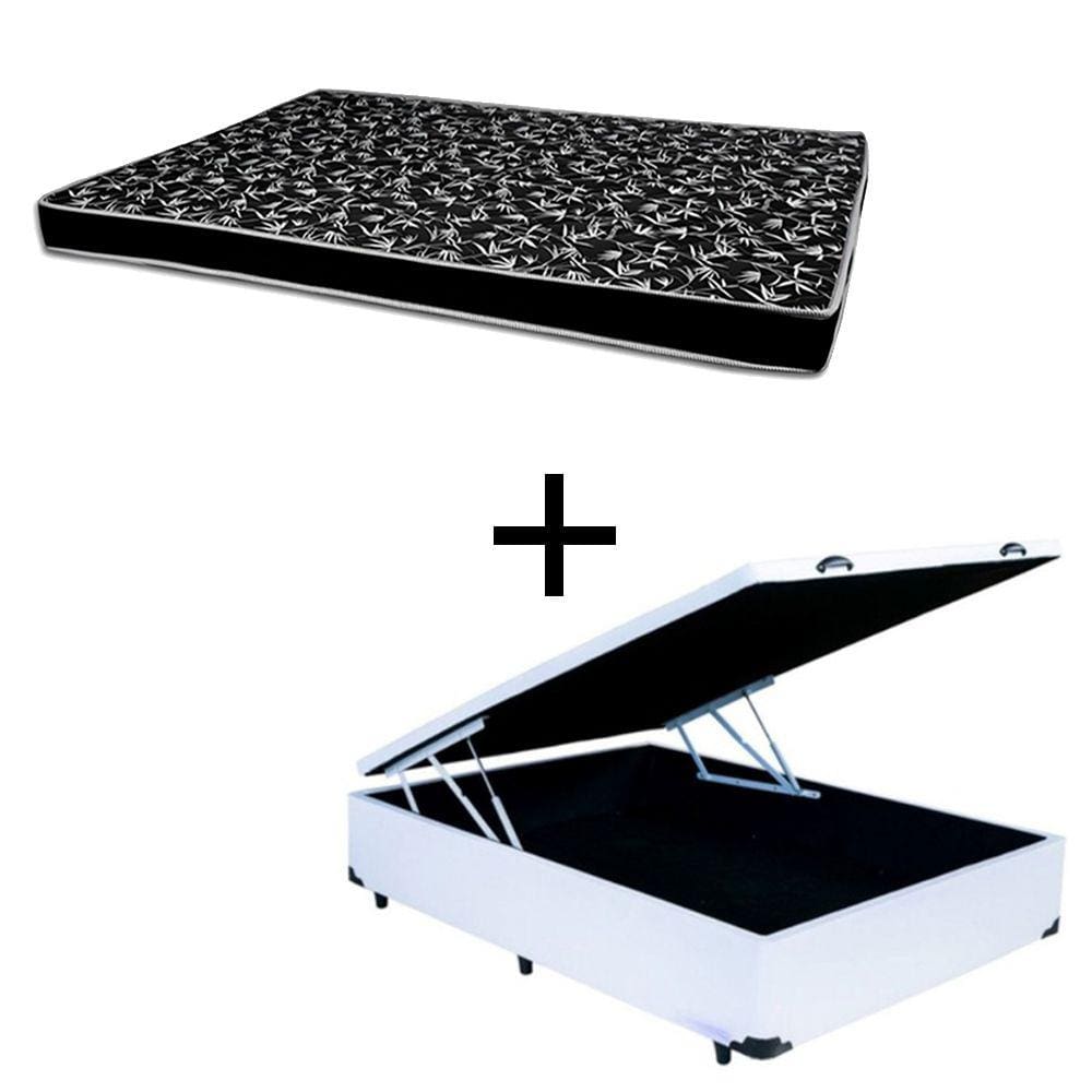 Cama Box Baú Casal 138 Tecido Sintético Branco Com Colchão Hamburgo Bello Box - 100% Espuma - D28 Preto 55x138x188