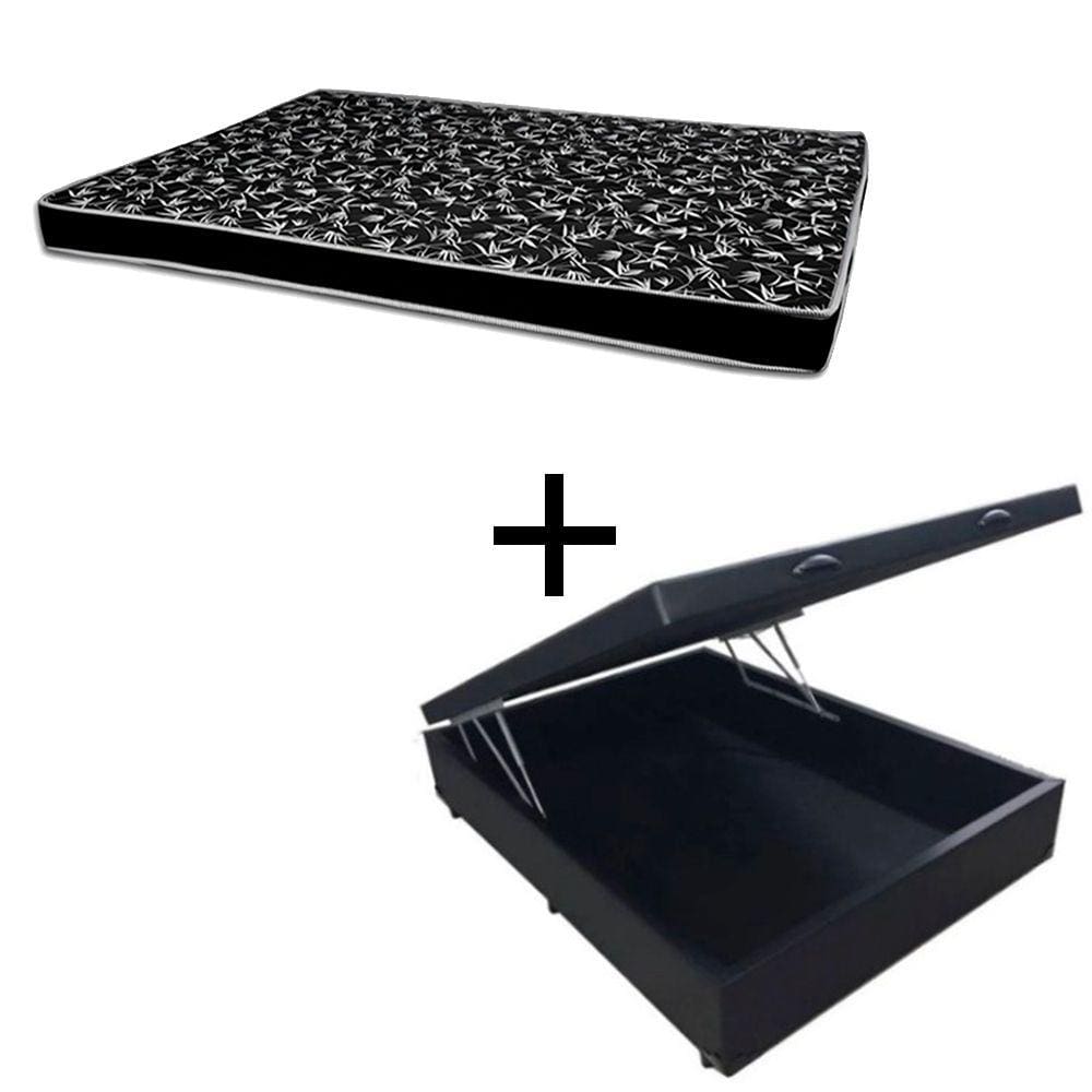Cama Box Baú Casal 138 Tecido Sintético Preto Com Colchão Hamburgo Bello Box - 100% Espuma - D28 Preto 55x138x188
